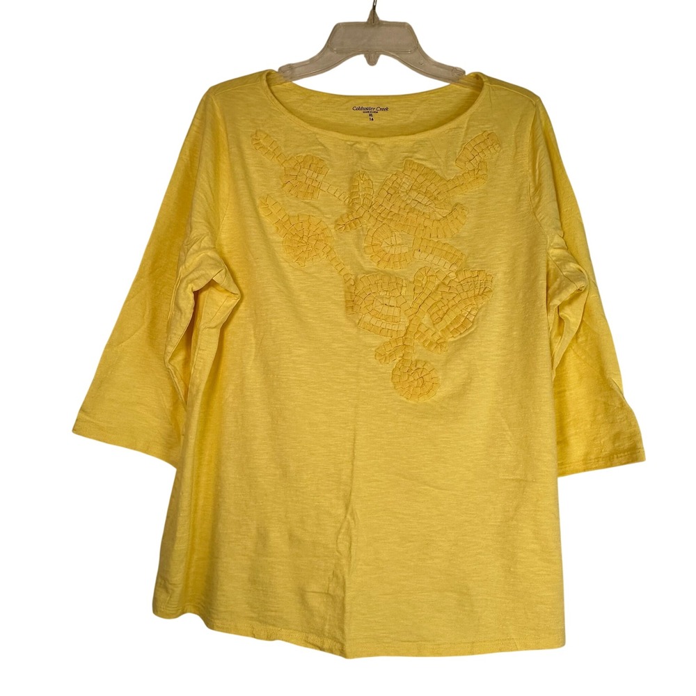 Coldwater Creek Yellow Cotton Slub 3/4 Sleeve Ribbon Floral Applique Top XL 16